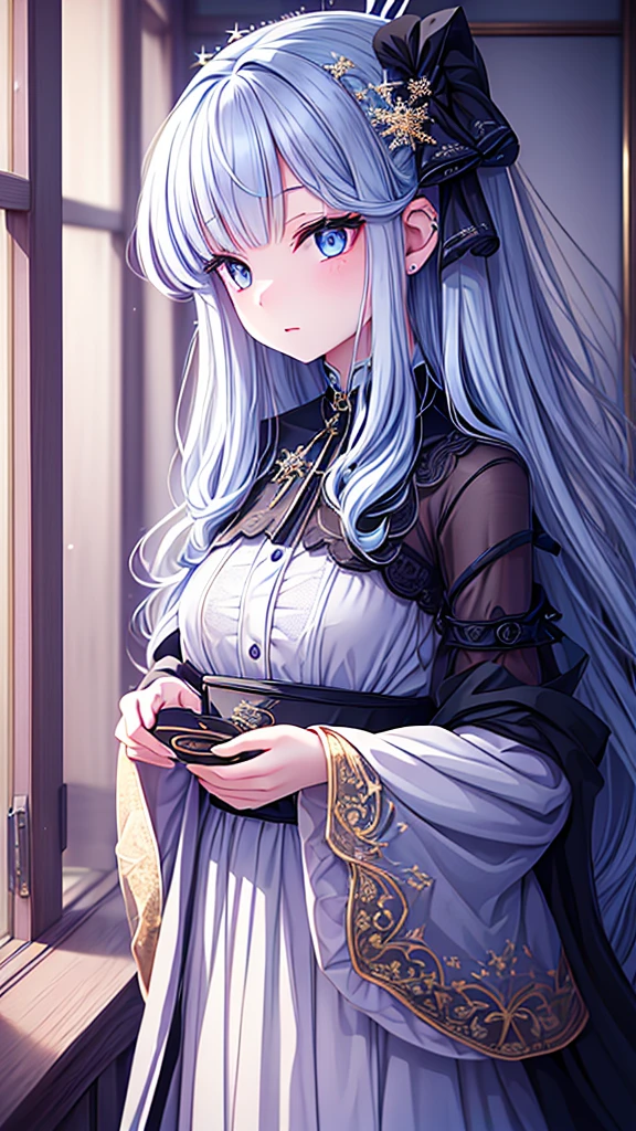 ((best quality)), ((masterpiece)), (detailed), une fille, visage parfait, Longhaire, ((golden hair)), curly hair, decorated cheveux, ultramarine blue eyes,(
Name: Kokoro Kairyū
Element: verdanthia
Description: Kokoro Kairyū, also known as the Celestial Whisper, is a gentle and ethereal young girl with an unassuming elegance about her. Her piercing blue eyes seem to hold a thousand secrets, and her raven-black locks cascade down her back like a waterfall of night. When she gazes directly into the camera, the room is filled with an unearthly serenity, as if the very essence of the stars has descended upon the mortal realm. The delicate butterflies that flutter around her may also be a symbol of the liberation she brings to those who cross her path. Her attire, a stunning ensemble of white and black, is as delicate as a snowflake and as resilient as the celestial body it resembles.
)
