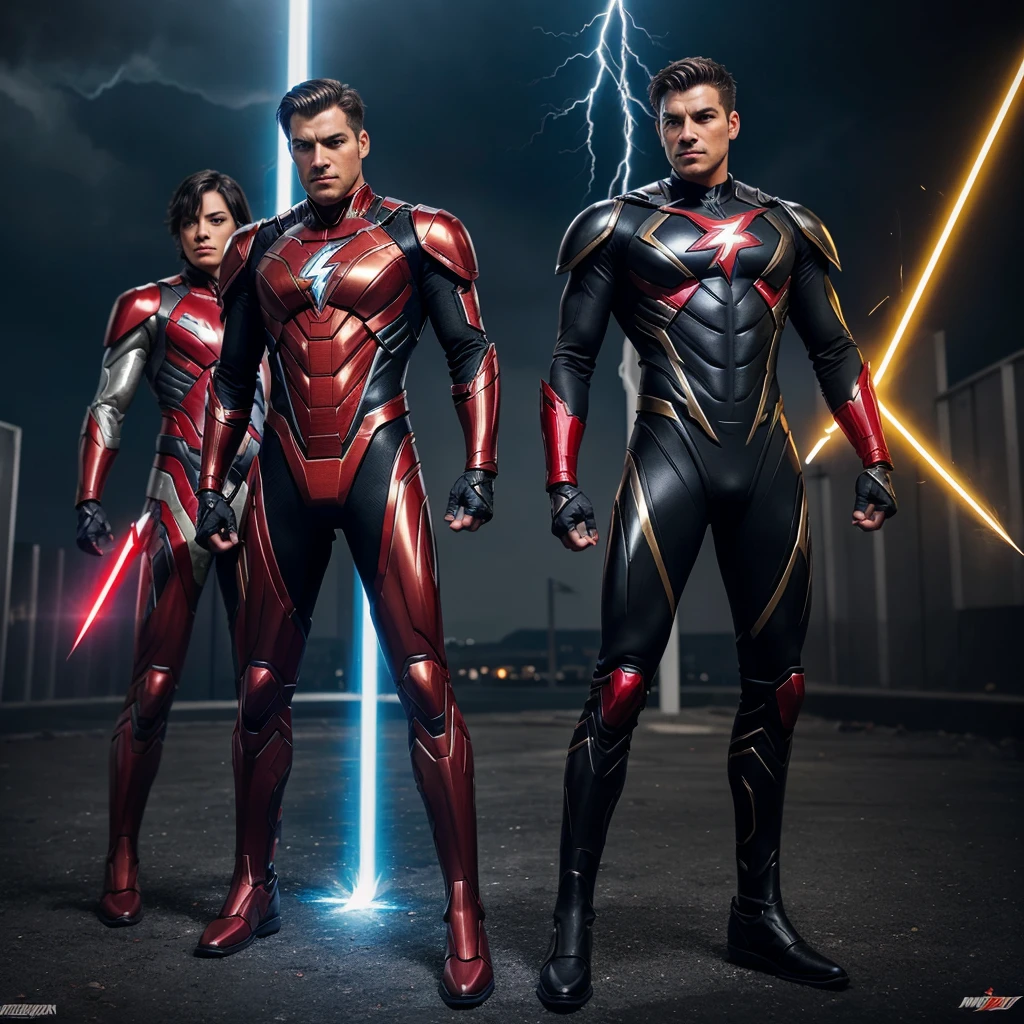 Create a man superhero suit with magic power and lightning power and flying power with futuristic weapon and black and golden and red and silver finishing combo suit and red eye mechanical suit full body image