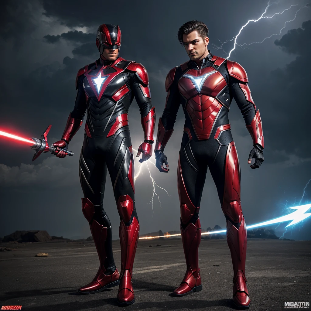 Create a man superhero suit with magic power and lightning power and flying power with futuristic weapon and black and golden and red and silver finishing combo suit and red eye mechanical suit full body image 