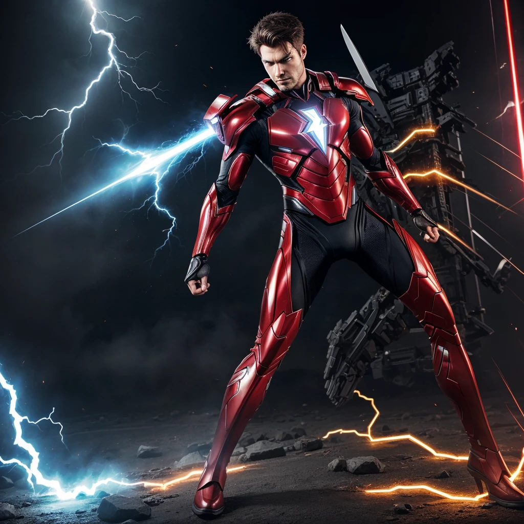 Create a man superhero suit with magic power and lightning power and flying power with futuristic weapon and black and golden and red and silver finishing combo suit and red eye mechanical suit full body image 