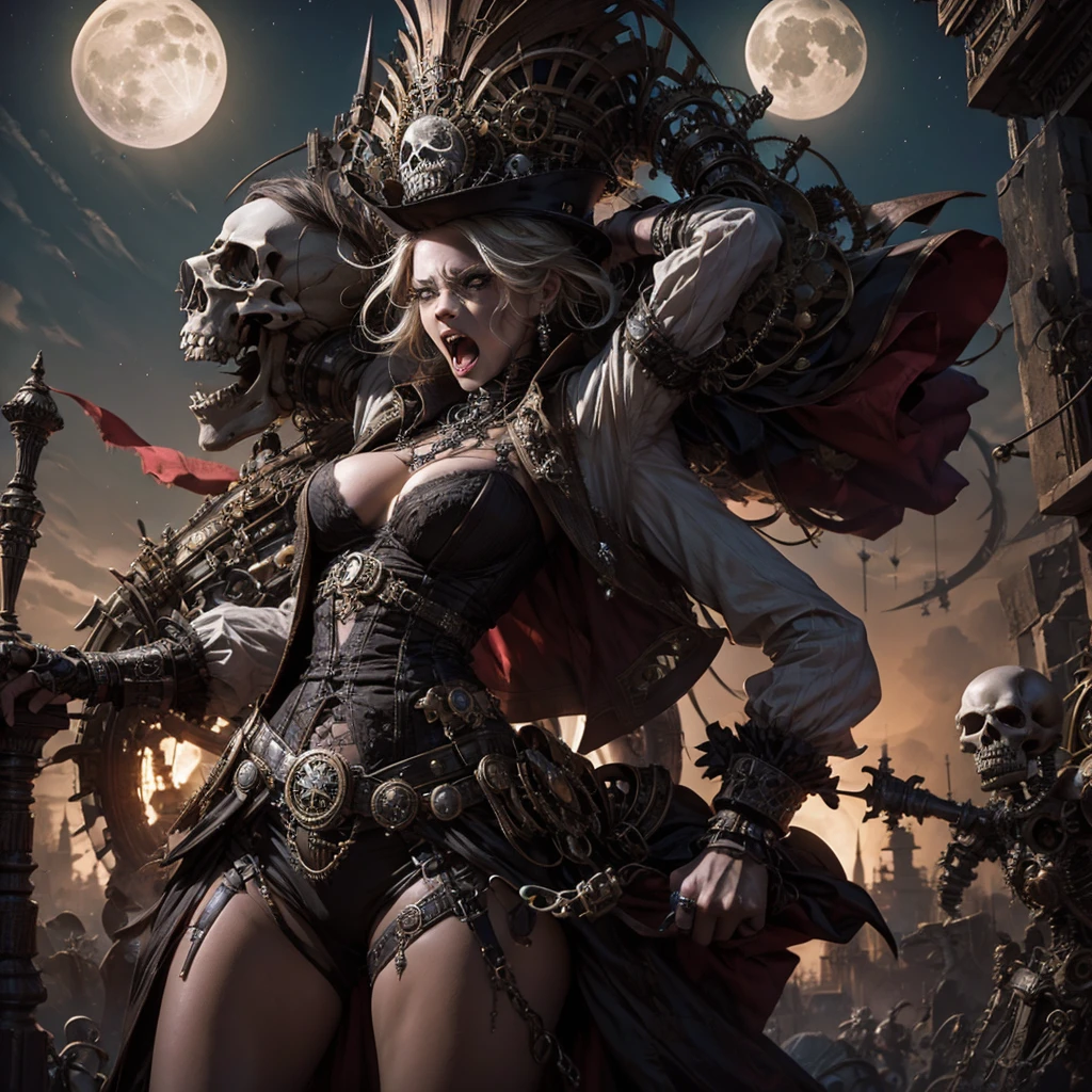 A full moon with a screaming face, below her some skeletons dressed in steampunk