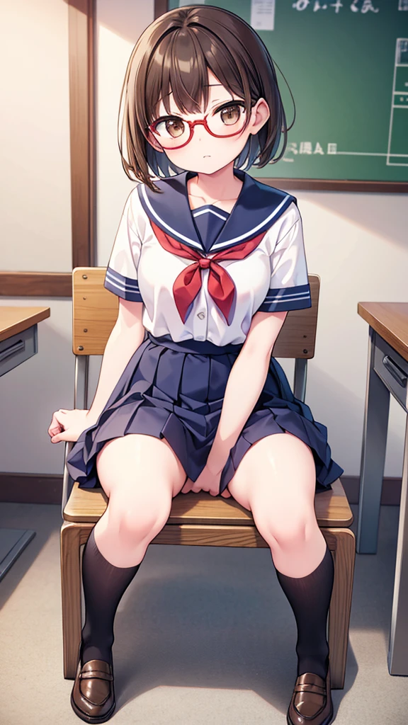 nichijo style、simple、Simple、mischief、Expectations、Shyness、Sit on a chair、School、classroom、Daytime、Cute girl , Steam rises around her, Shooting from below, One Girl, Brown Hair、Very short hair, Brown eyes、Red frame glasses、White blouse, Navy Blue Skirt, Navy blue socks, Brown Loafers, White panties、Thin legs、Small breasts, Highest quality, 4K, 8K, High resolution, masterpiece:1.2, Very detailed, Realistic, photoRealistic, photo-Realistic:1.37, High resolution, 超High resolution, Studio Lighting, Ultra-fine painting, Sharp focus, Physically Based Rendering, Very detailed説明, Professional, Vibrant colors, Bokeh