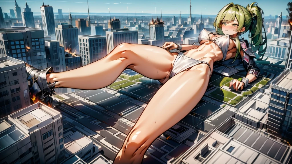 Giantess, long sexy legs, yellow hair, bikini,lying on top of destroyed buildings, city at her feet burns in flames for the destruction she has caused, tiny people climb on her body to try to defeat her uselessly. Giantess, goddess, macrophilia, curvaceous body, hentai, fetish, sexy legs, bikini, high heels, high quality, tiny people, people climbing body, giantess body, small people, crew of tiny people
