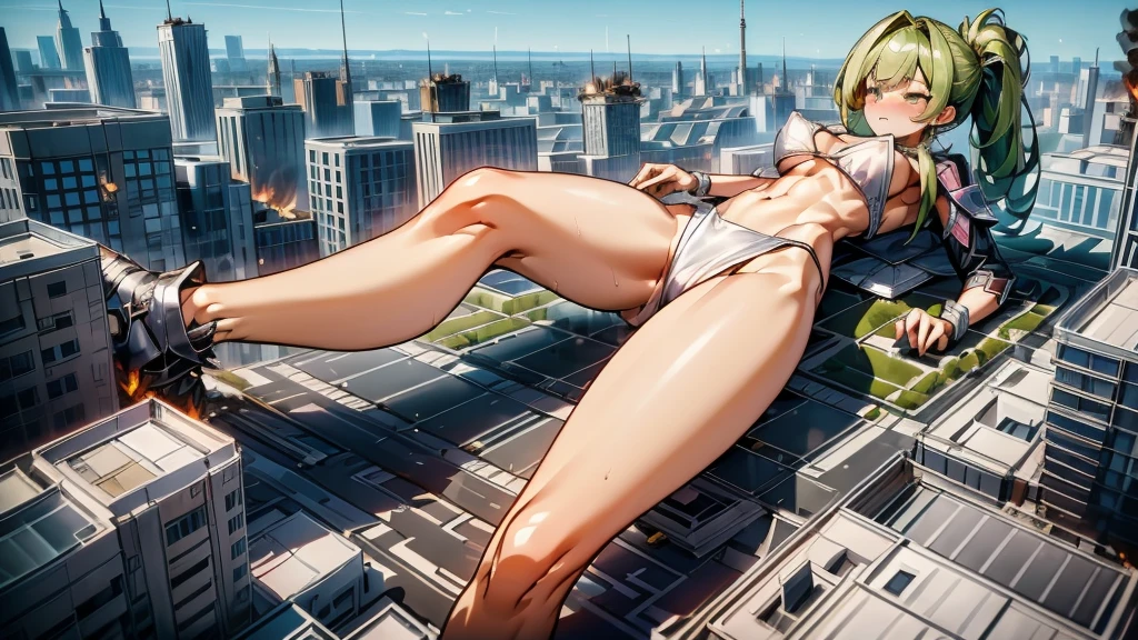 Giantess, long sexy legs, yellow hair, bikini,lying on top of destroyed buildings, city at her feet burns in flames for the destruction she has caused, tiny people climb on her body to try to defeat her uselessly. Giantess, goddess, macrophilia, curvaceous body, hentai, fetish, sexy legs, bikini, high heels, high quality, tiny people, people climbing body, giantess body, small people, crew of tiny people