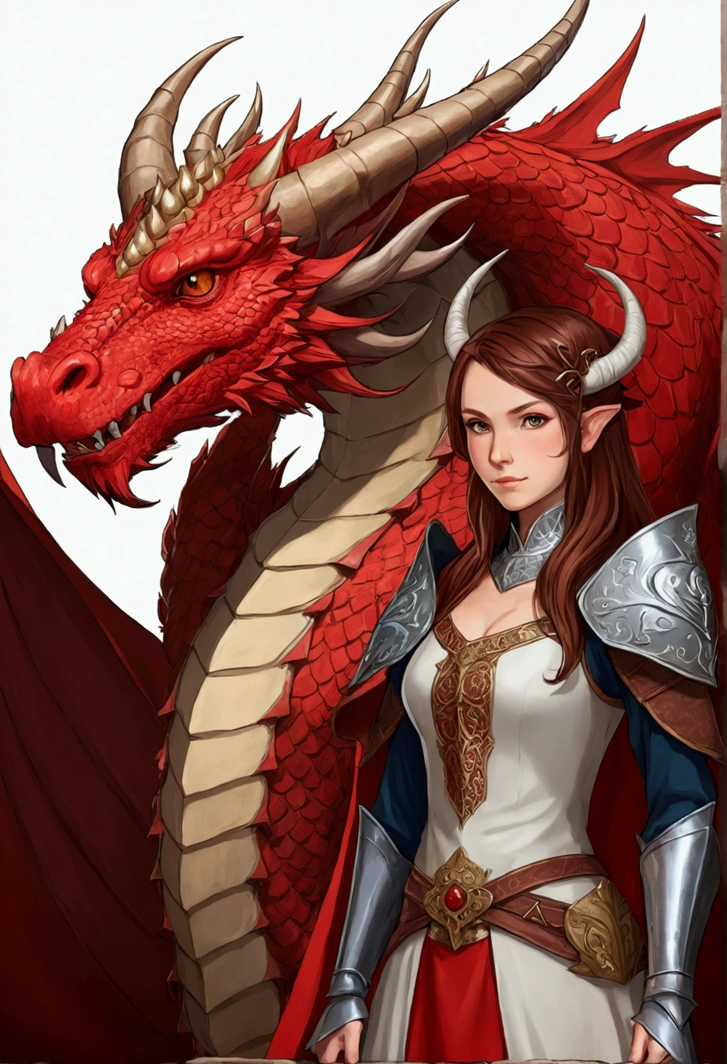 Medieval dragon with horns and red color next to an anime-style brown-haired princess