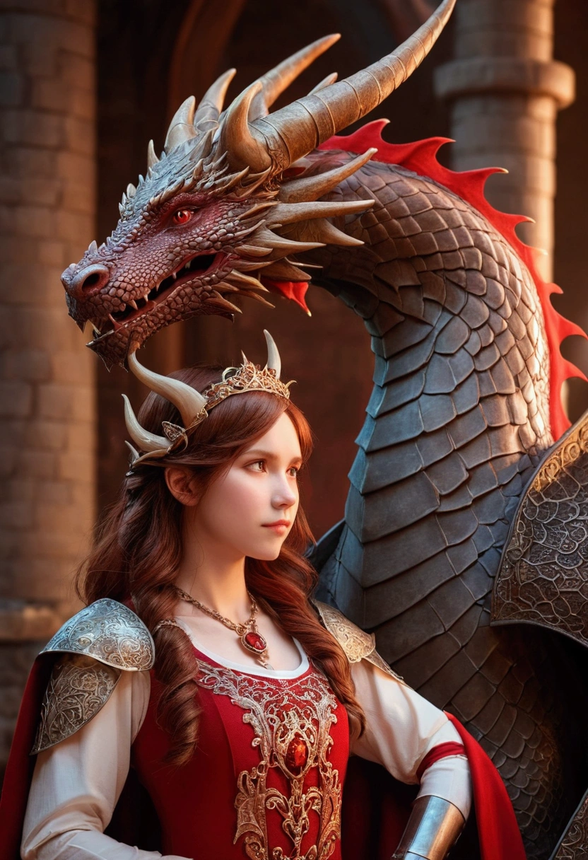 Medieval dragon with horns and red color next to an anime-style brown-haired princess