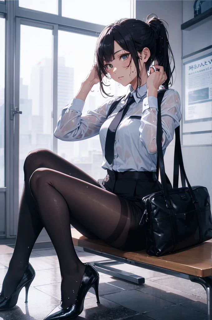 ponytail,Arms behind head,panties under pantyhose,sweat:1.5,wet:1.5,face focus.Detailed eyes,High image quality,Highest Quality,Photorealistic,Fullbody,Business bag,Japanese woman,wearing a suit, sitting,High heel