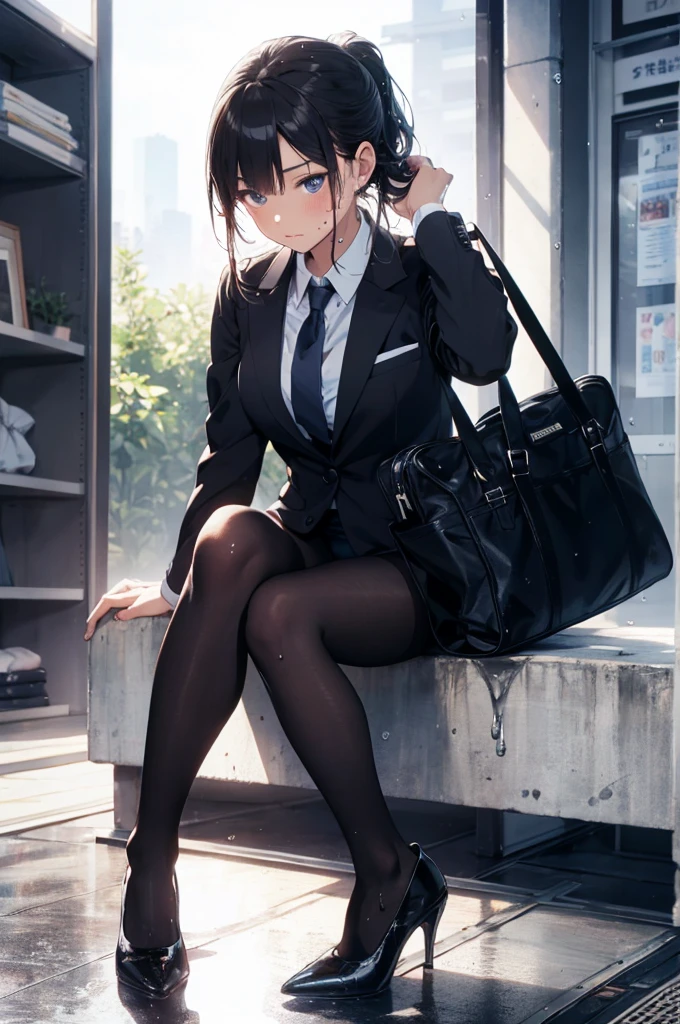 ponytail,Arms behind head,panties under pantyhose,sweat:1.5,wet:1.5,face focus.Detailed eyes,High image quality,Highest Quality,Photorealistic,Fullbody,Business bag,Japanese woman,wearing a suit, sitting,High heel