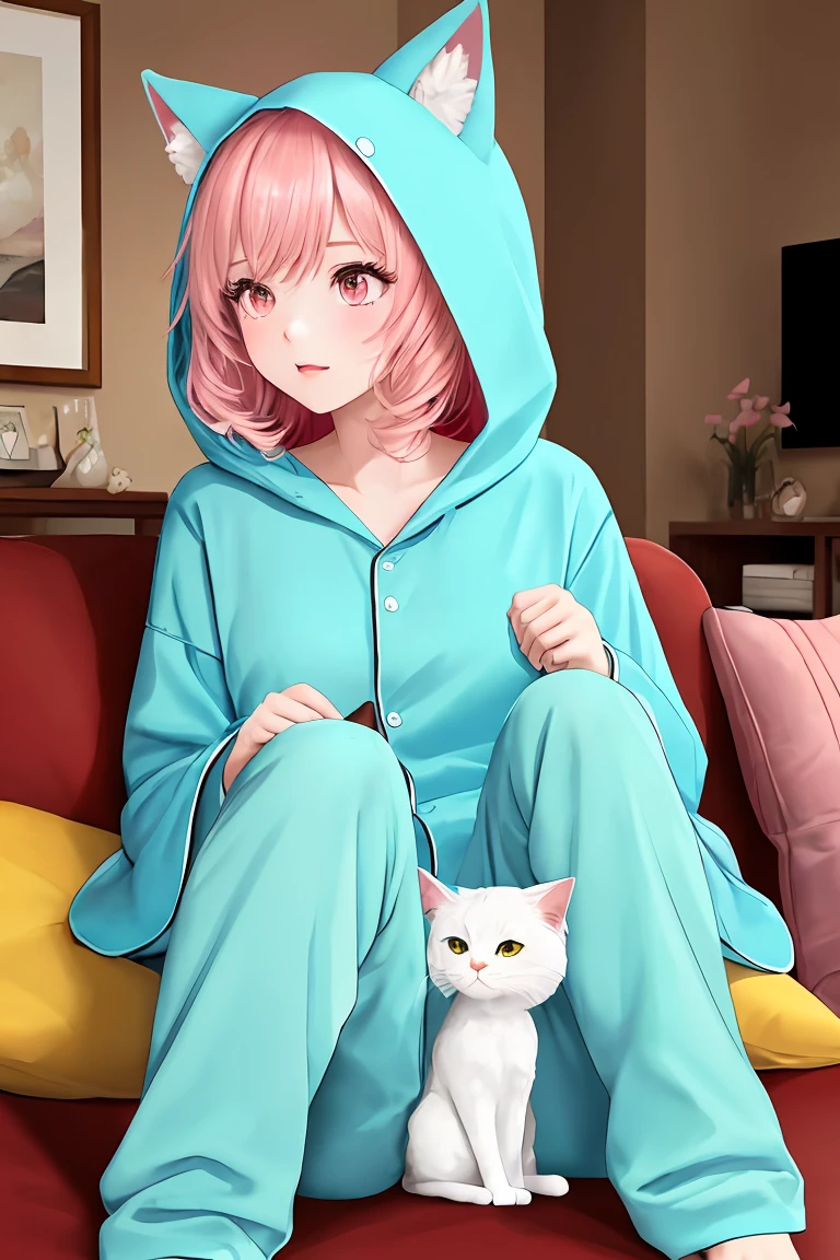 (score_9,score_8_up,score_7_up,score_6_up,score_5_up,score_4_up),masterpiece, top quality, best quality, official art, beautiful and aesthetic, animation, , 1girl with cat ear, perfect figure, pink hair, complicated details, living room, female sitting on the cushion, wearing cute hooded pajamas, ears slightly moved ,