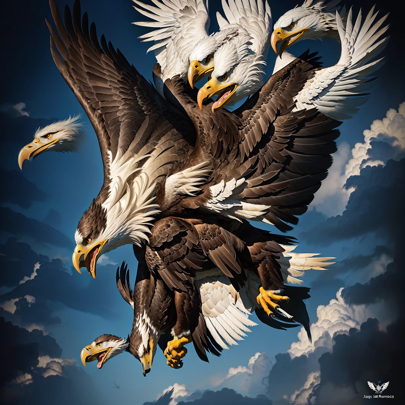 a painting of an eagle flying over a forest with a wolf, an eagle, eagle wings, eagle, a full-color airbrushed, an eagle flying, with an eagle emblem, by Joe Jusko, inspired by Joe Jusko, eagles, inspired by Alex Horley, eagle logo, by Ron Walotsky, by Alex Horley-Orlandelli
