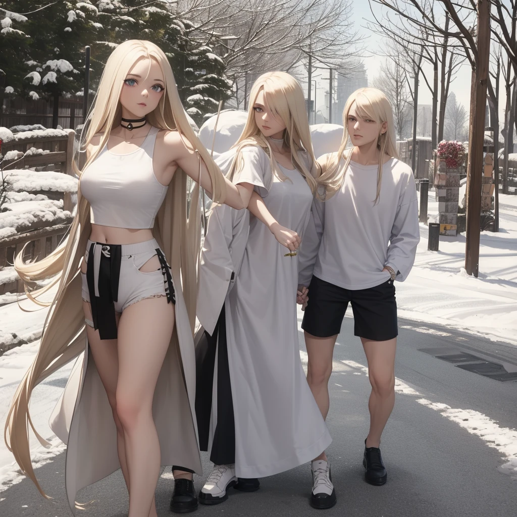 A man with long white hair, Wearing a white t-shirt and black pants, a woman with long blond hair, beautiful breasts, wearing just shorts and a white crop top. caminhando juntos. The environment around them is covered in snow. It&#39;s night. ((anime styling))