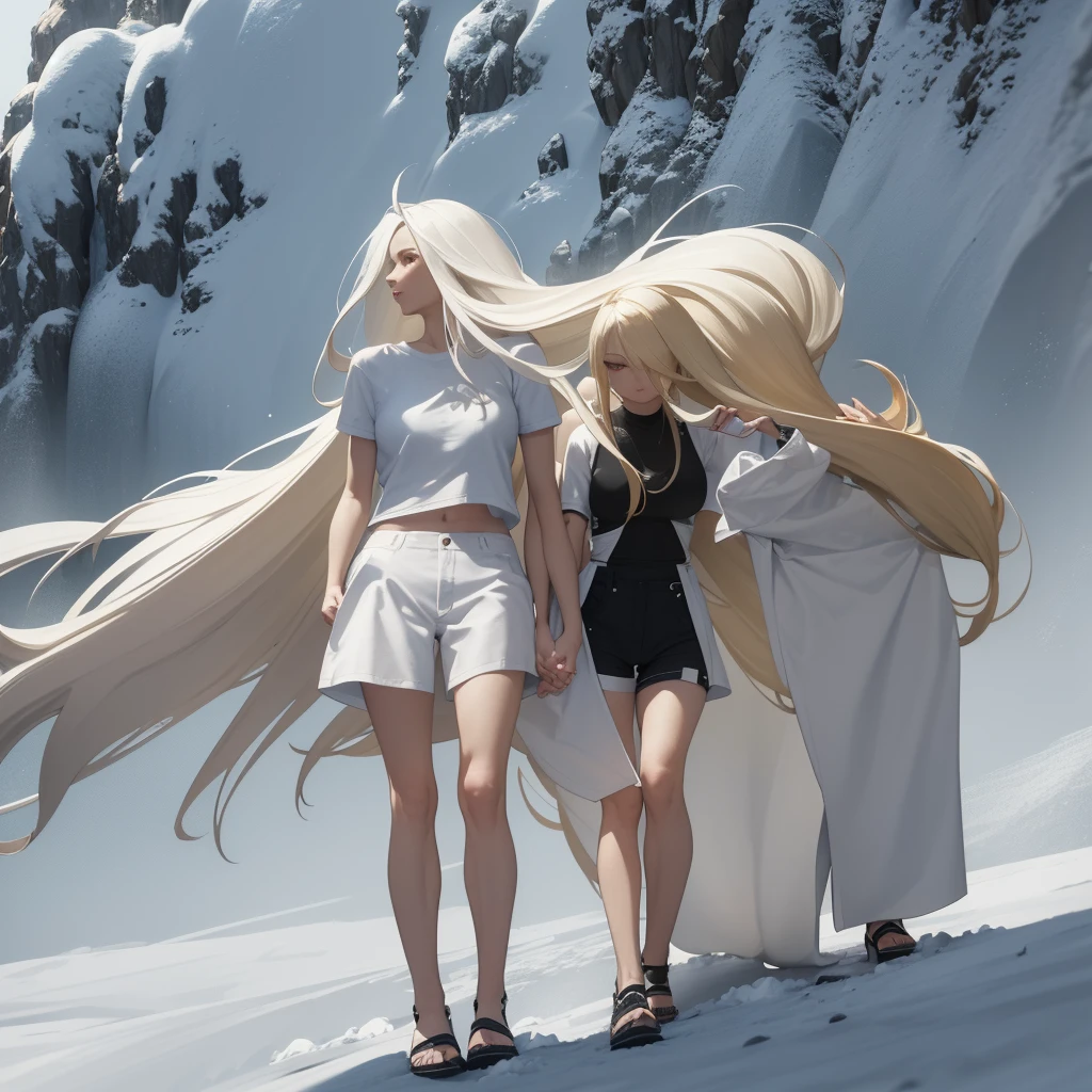 A man with long white hair, Wearing a white t-shirt and black pants, a woman with long blond hair, beautiful breasts, wearing just shorts and a white crop top. caminhando juntos. The environment around them is covered in snow. It's night. ((anime styling))
