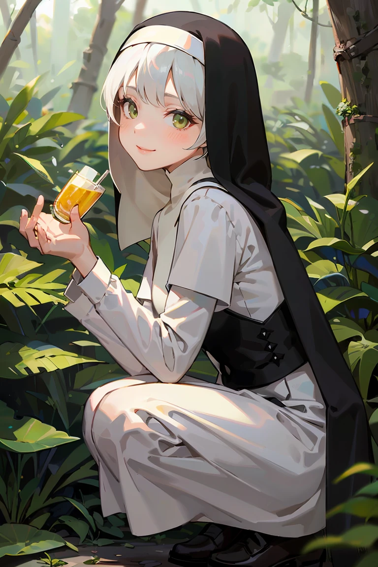 masterpiece, best quality, highly detailed background, perfect lighting, best quality, (extremely detailed face), volumetric lighting, intricate details, shadow, tonemapping, sharp focus, hyper detailed, trending on Artstation, (solo), ((Looking at the viewer)), (White hair), ((thin)), ((green eyes)), ((nun)), ((dressed as a nun)), ((nun's long skirt)), ((delicate)), ((thin and fine figure)), ((elegant)), ((smile)), (blush) ((in the forest)) ((squatting))