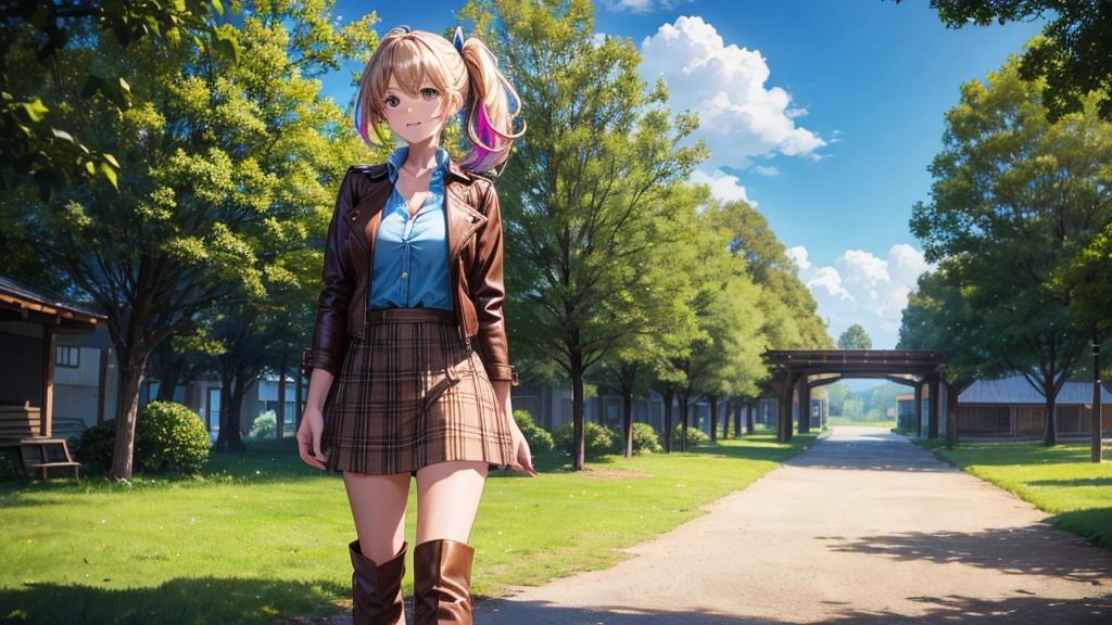 1girl, solo, full body, village, trees, sun, clouds, ((colorful hair)), side ponytail, large breasts, ((brown leather jacket)), button down shirt, ((blue checked shirt)), ((unbuttoned shirt)), unbuttoning buttons, cleavage 1:3 green eyes, long skirt, brown boots, smile, happy, looking at the viewer, standing, hair ribbon, golden necklate
