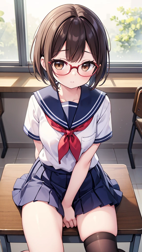 nichijo style、simple、Simple、mischief、Expectations、Shyness、Sit on a chair、School、classroom、Daytime、Cute girl , Steam rises around her, Shooting from below, One Girl, Brown Hair、Very short hair, Brown eyes、Red frame glasses、White blouse, Navy Blue Skirt, Navy blue socks, Brown Loafers, White panties、Thin legs、Small breasts, Highest quality, 4K, 8K, High resolution, masterpiece:1.2, Very detailed, Realistic, photoRealistic, photo-Realistic:1.37, High resolution, 超High resolution, Studio Lighting, Ultra-fine painting, Sharp focus, Physically Based Rendering, Very detailed説明, Professional, Vibrant colors, Bokeh