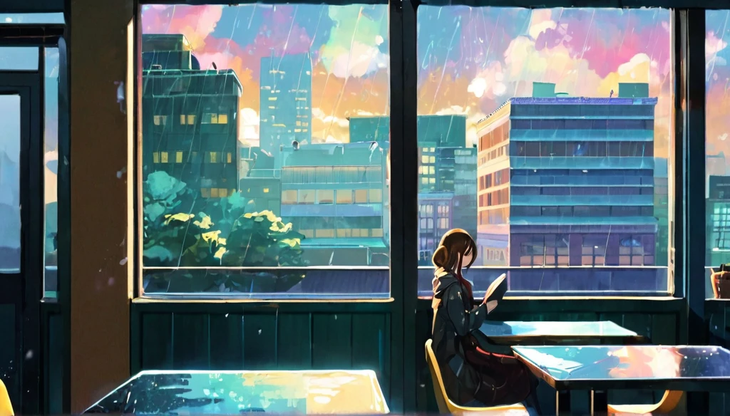 An illustration of a girl studying in an anime-style urban cafe. She sits by the window, concentrating on reading a book while feeling the hustle and bustle of the city outside. Her expression is focused, but also reflects a certain loneliness. The interior of the cafe is cozy, with a coffee cup and a book on the table. Outside the window, it is raining. You can see the city lights and distant buildings. This scene expresses the diverse emotions and tranquility of city life.