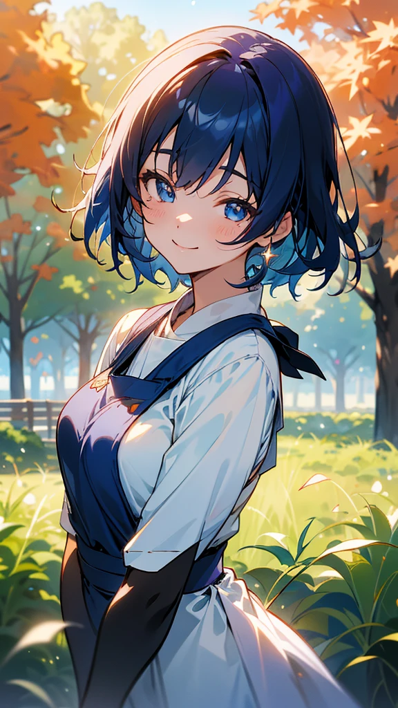 1 Girl、Anime style painting、Upper body close-up、邪悪なsmile、Dark blue hair、Sparkling blue eyes、smile、White shirt、Light blue apron、Perfect lighting、Autumnal leaves々、Momiji Park、Background Blur, Written boundary depth