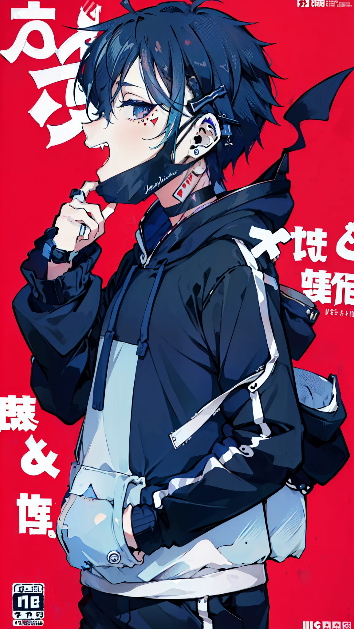 (1boy), (Wearing a blue shark tail hoodie), (Boy Messy Japanese Round Haircut for Thick Hair), (blue nails), (blue hair), black shorts, ((solo)), (magazine:1.3), (cover-style:1.3), simple background, watch, mouth mask, wristwatch, stud earrings, vampire, halftone, mask pull, jirai kei, fangs, score_9, score_8_up, score_7_up, best quality, masterpiece, 4k, perfect lighting, very aesthetic, GOTH GIRL, (red pupils with X shape:1), x-shaped pupils, Ultra-detail,(highres:1.1),best quality,(masterpiece:1.2), cinematic lighting, (detailed face and eyes:1.2),