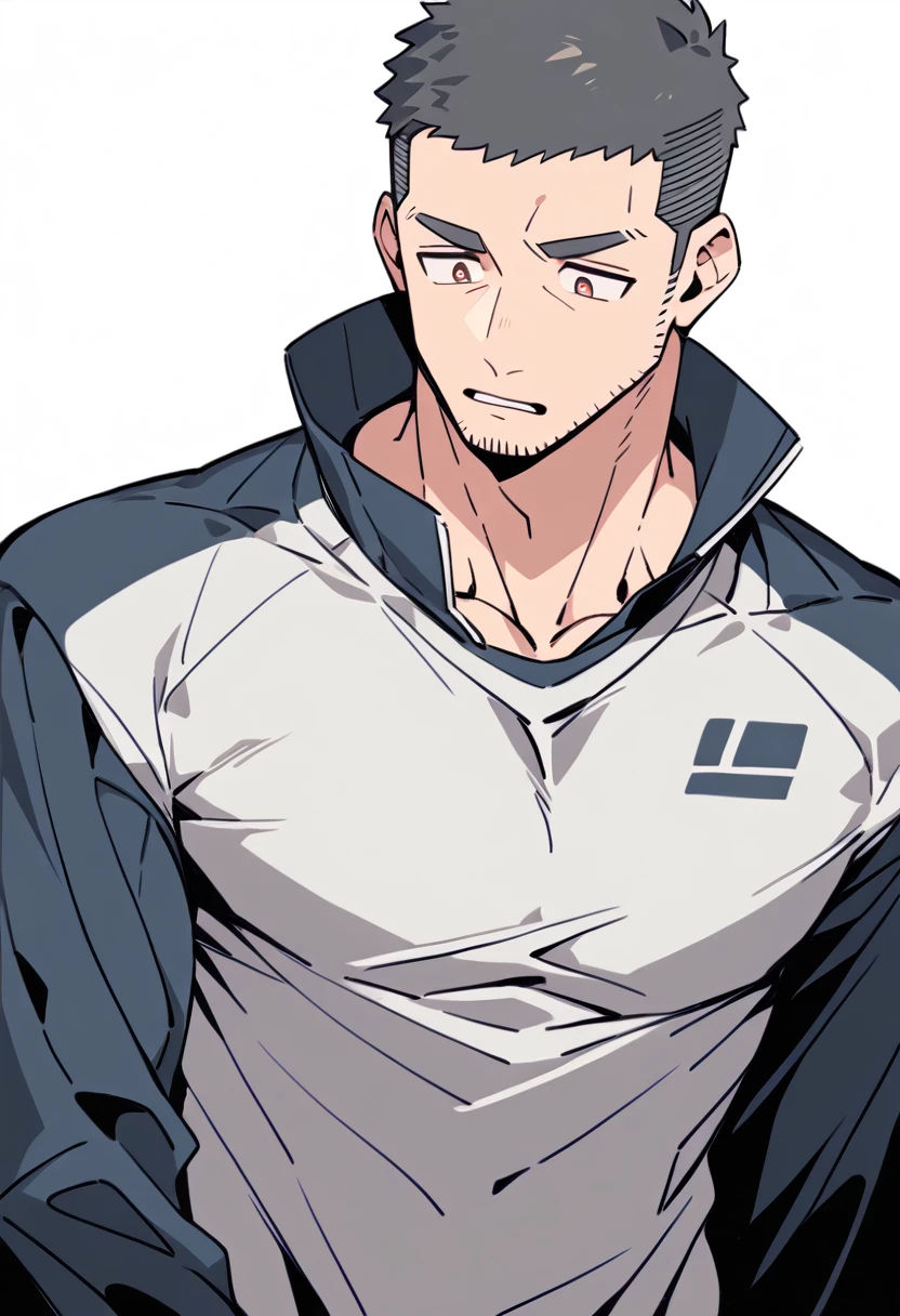 anime characters:Priapus, Muscle Sports Student, Buzz Cut, Manliness, male focus, Light Grey high collar long sleeve tight T-shirt, Very tight, full and perky chest muscles, muscular male, muscular, only, Upper body, alone, Black short hair, Thick eyebrows, stubble, Brown-red pupils, White background, simple background, amazing quality, best aesthetics, Ridiculous, crew cut, parted lips, flustered, endured face, negative space, best quality