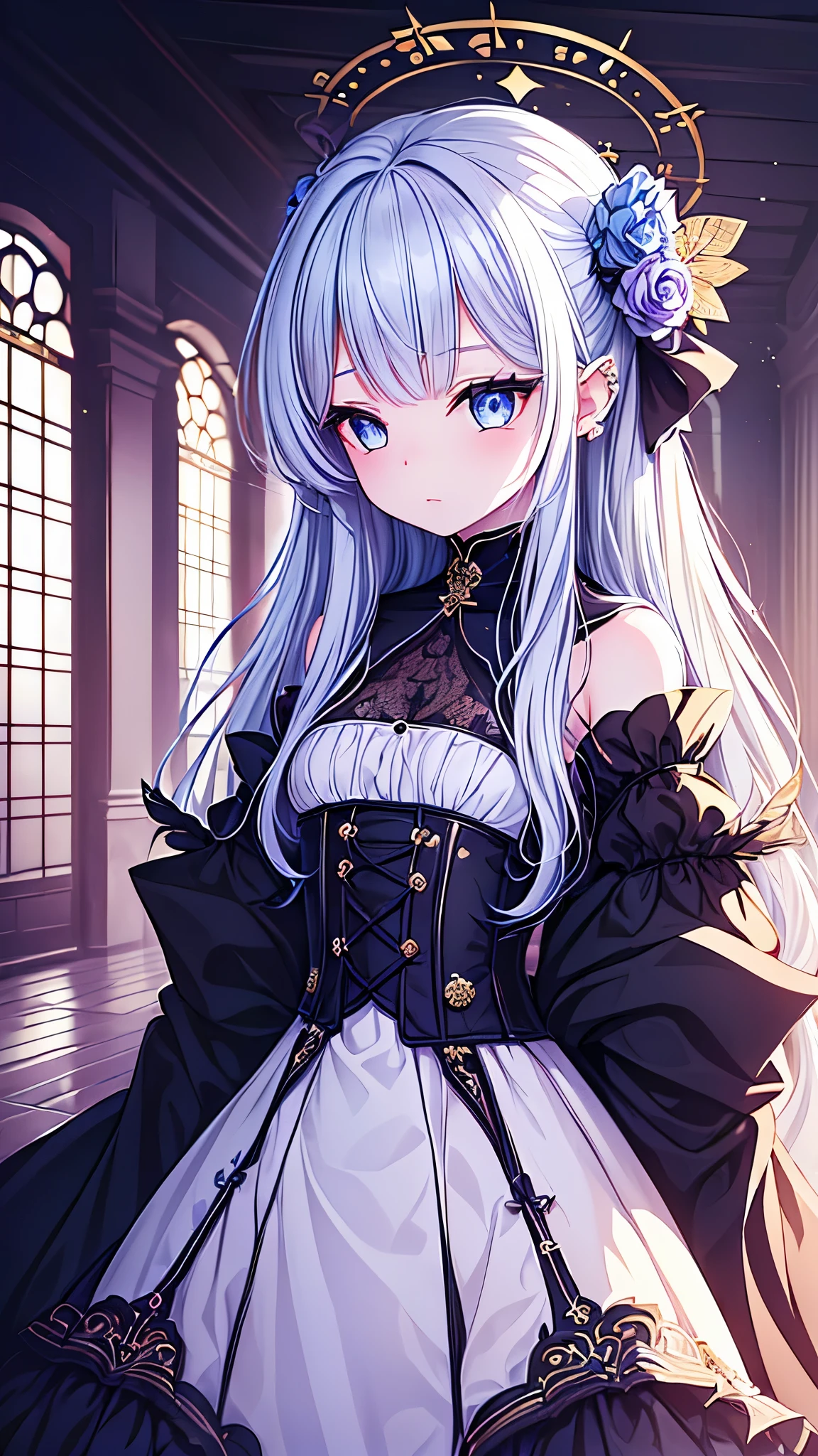 ((best quality)), ((masterpiece)), (detailed), une fille, visage parfait, Longhaire, ((golden hair)), curly hair, decorated cheveux, ultramarine blue eyes,(
Name: Kokoro Kairyū
Element: verdanthia
Description: Kokoro Kairyū, also known as the Celestial Whisper, is a gentle and ethereal young girl with an unassuming elegance about her. Her piercing blue eyes seem to hold a thousand secrets, and her raven-black locks cascade down her back like a waterfall of night. When she gazes directly into the camera, the room is filled with an unearthly serenity, as if the very essence of the stars has descended upon the mortal realm. The delicate butterflies that flutter around her may also be a symbol of the liberation she brings to those who cross her path. Her attire, a stunning ensemble of white and black, is as delicate as a snowflake and as resilient as the celestial body it resembles.
)