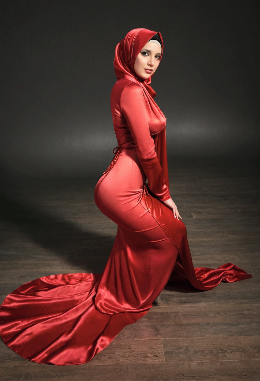 a woman in the red transparent gown, nipple on,look at camera,tight full body tied, satin sheet on flor, nipple on, satin hijab, full body, long satin,mermaid tight long gown, flowy dramatic long gown, tall women, kneeling on the ground,sexy pose, wear high heels, masterpice.
