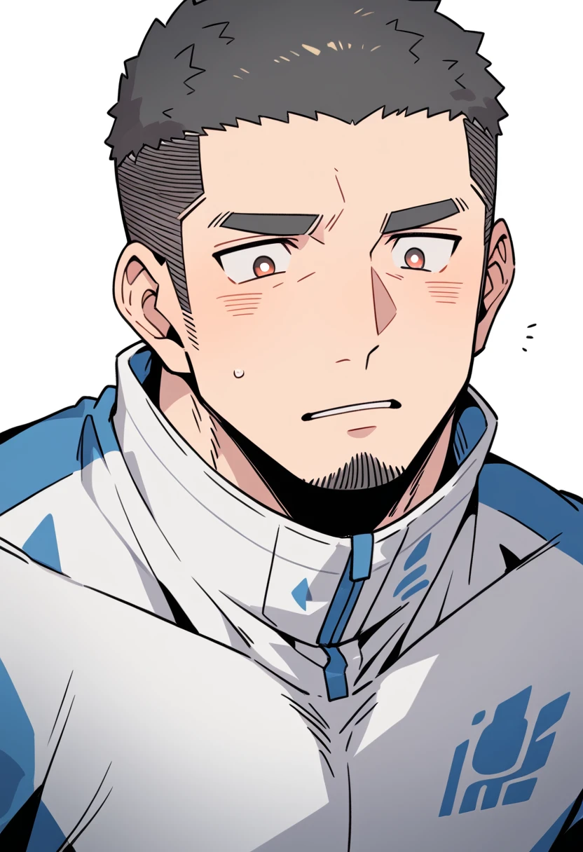 anime characters:Priapus, Muscle Sports Student, Buzz Cut, Manliness, male focus, Light Grey high collar long sleeve tight T-shirt, Very tight, full and perky chest muscles, muscular male, muscular, only, Upper body, alone, Black short hair, Thick eyebrows, stubble, Brown-red pupils, White background, simple background, amazing quality, best aesthetics, Ridiculous, crew cut, parted lips, flustered, endured face, negative space, best quality
