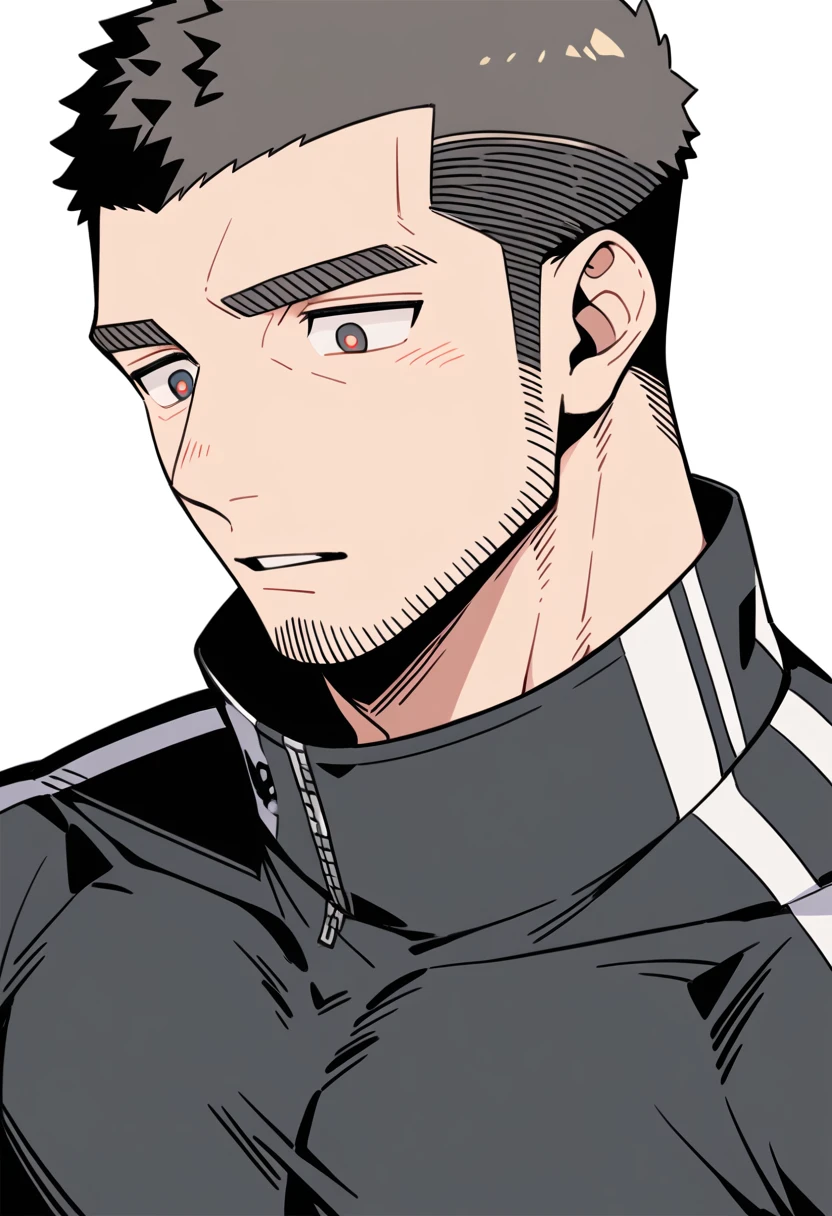 anime characters:Priapus, Muscle Sports Student, Buzz Cut, Manliness, male focus, Light Grey high collar long sleeve tight T-shirt, Very tight, full and perky chest muscles, muscular male, muscular, only, Upper body, alone, Black short hair, Thick eyebrows, stubble, Brown-red pupils, White background, simple background, amazing quality, best aesthetics, Ridiculous, crew cut, parted lips, flustered, endured face, negative space, best quality
