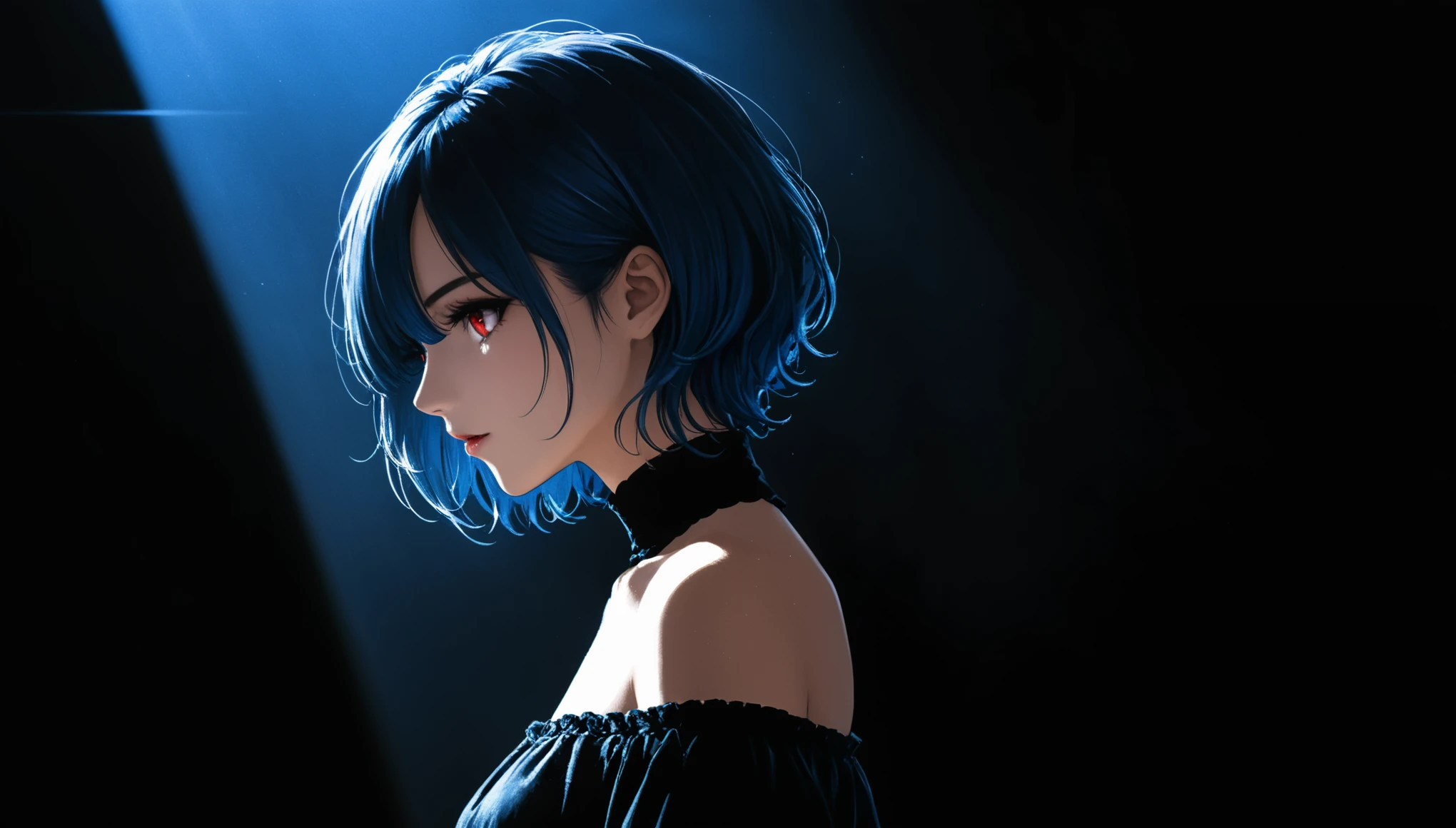 in style of Santiago Caruso, 1 Girl,90 degree tilt of neck，Face up，纯dark背景，Blinding overhead light，Girl with short blue hair，Red eyes，Off-shoulder strapless white T-shirt，clavicle，Look Back，Oblique composition，Floating short hair，真实shadow，Comic Style，dark中的顶光，Glowing eyes，Half-length portrait，dark，shadow，