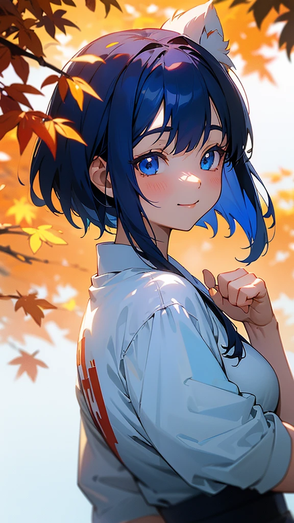 1 Girl、Anime style painting、Upper body close-up、From the side、邪悪なsmile、Dark blue hair、Sparkling blue eyes、smile、White shirt、Light blue apron、Perfect lighting、Autumnal leaves々、Momiji Park、Background Blur, Written boundary depth