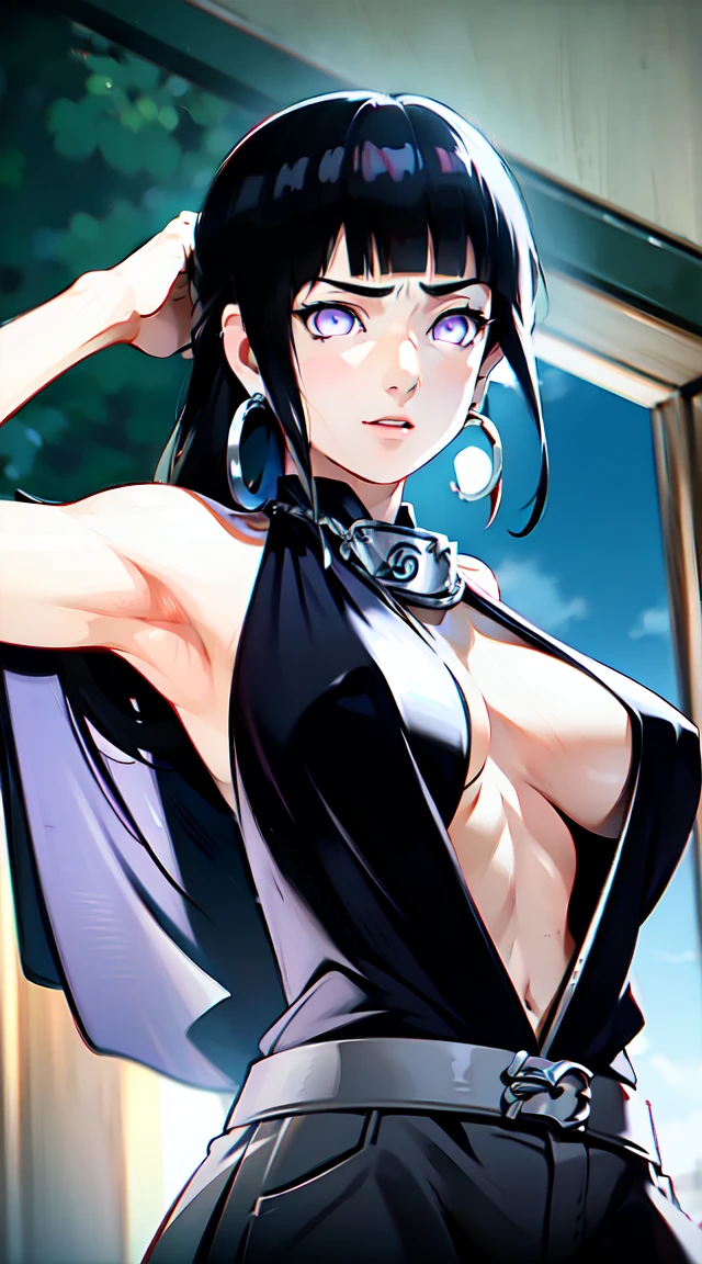 (8K,RAW photos),(best qulaity),(tmasterpiece),(realisti,)(Photorealisti and realisti), highres),Hyper-detailing,(hentail realism:1.1),Lovely face,1female:1.1),Female Pervert,(Looki on the viewer),Cowboy Lens,Japan people,
Xiaonan\(naruto\),,Cleavage,Off-the-shoulder clothing,smil, red in the face,Photo of the upper body
black hair,purple eyes,big ,tanktop,cargopants with many pockets,black cloak,silver necklace,silver chain,black gloves Professional lighting、photon mapping、Physically Based Rendering、
dark theme,