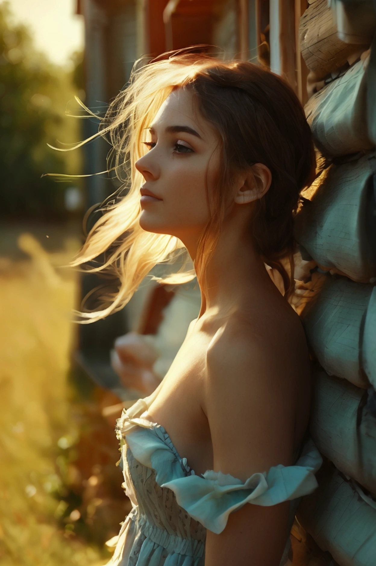 A beautiful woman with light delicately filtering through her hair, her summer dress is beautiful and she's standing in front of a cottage