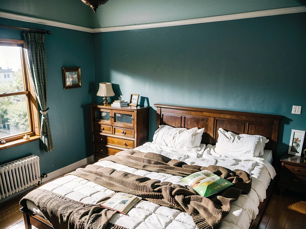 8K picture quality，Best quality，masterpiece，HD，Super rich detail，detailed，Comfortable bedroom，Large Windows，Floor-to-ceiling windows，big bed，There are pillows on the bed，Quilt，Essas roupas，notebook，There is a cabinet next to it，There are bookcases，There is a table，There are chairs，There are flowers，There is a wardrobe，有一个big bed，There are carpets，There are many books，Overall very comfortable，extremely clean，very useful，Large Windows，The scenery outside the window，There are various other flowers，and vegetable garden，There are a variety of vegetables inside，超HD真实感，Live photos，The overall color is mainly blue-green，Strong realism