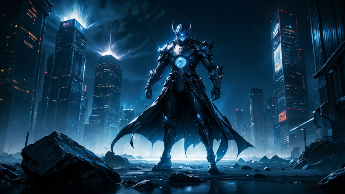 ((masterpiece, Highest quality, Best image quality, High resolution、８ｋ))馬に乗るDevil's Knight、Great Knight、Devil's Knight、Glowing blue eyes and advanced cybernetic enhancements. Seen in dynamic action poses, reflection on a smooth surface. The cityscape below is filled with towering skyscrapers., illuminated by colorful holographic advertisements, Shining with blue energy, Mighty power. The overall atmosphere is dark and mysterious., It had a futuristic techno vibe.. The lighting is dramatic, Intense highlights and deep shadows, Creates depth and tension.
