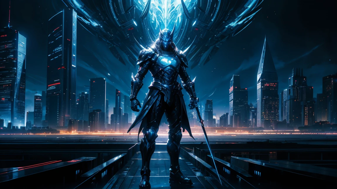 ((masterpiece, Highest quality, Best image quality, High resolution、8k))馬に乗るDevil's Knight、Great Knight、Devil's Knight、Glowing blue eyes and advanced cybernetic enhancements. Seen in dynamic action poses, reflection on a smooth surface. The cityscape below is filled with towering skyscrapers., illuminated by colorful holographic advertisements, Shining with blue energy, Mighty power. The overall atmosphere is dark and mysterious., It had a futuristic techno vibe.. The lighting is dramatic, Intense highlights and deep shadows, Creates depth and tension.