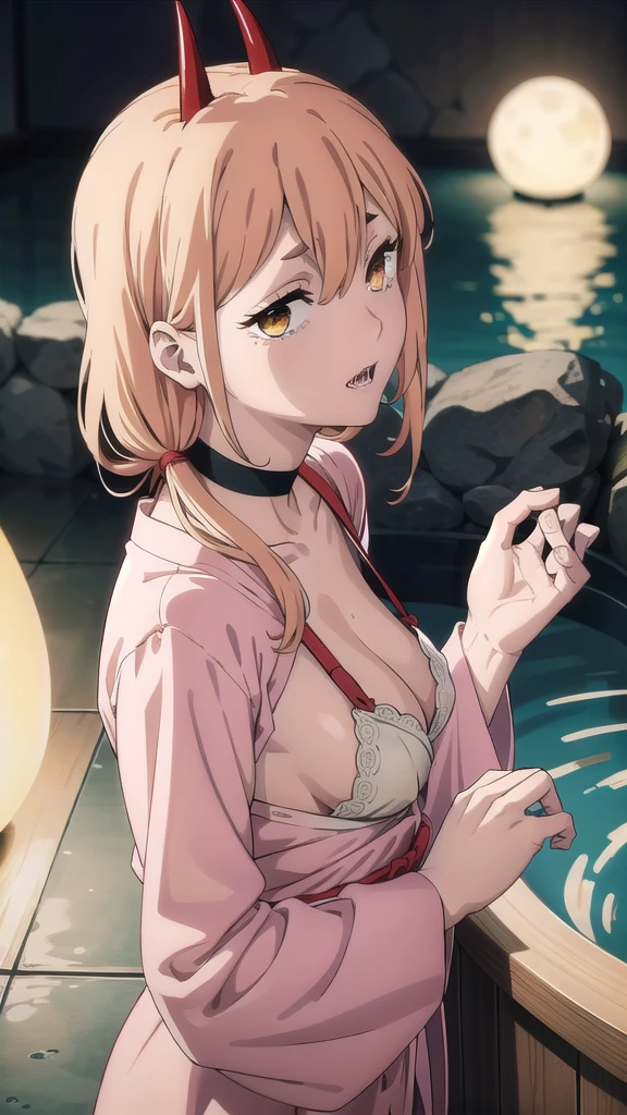 BREAK (masterpiece:1.2), best quality, high resolution, unity 8k wallpaper, (illustration:0.8), (beautiful detailed eyes:1.6), extremely detailed face, perfect lighting, extremely detailed CG, (perfect hands, perfect anatomy),onsen,hot springs,night,outdoor,moon,starfall,power_csm
blonde hair, yellow eyes, cross-shaped pupils, symbol-shaped pupils, red horns, sharp teeth,japanese dress,yukata,bathrobe,kimano,cleavege,neckline,choker,lace bra,nipples,from above,in middle of frame.