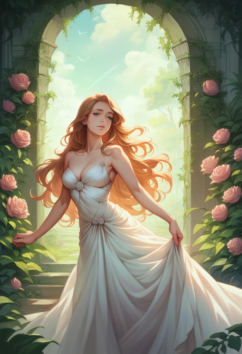 a beautiful girl, detailed facial features, long flowing hair, elegant dress, serene expression, outdoors in a lush garden, natural sunlight, vibrant colors, photorealistic, 8k, highly detailed, masterpiece