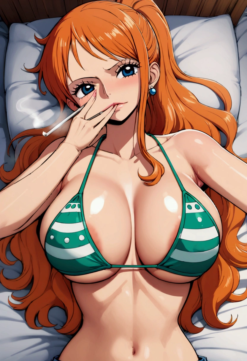 a cartoon picture of a woman in a bikini top and jeans, nami one piece, nami from one piece, nami, beautiful portrait of nami, from one piece, oppai, blue eyes, smoking, ponytail, nsfw