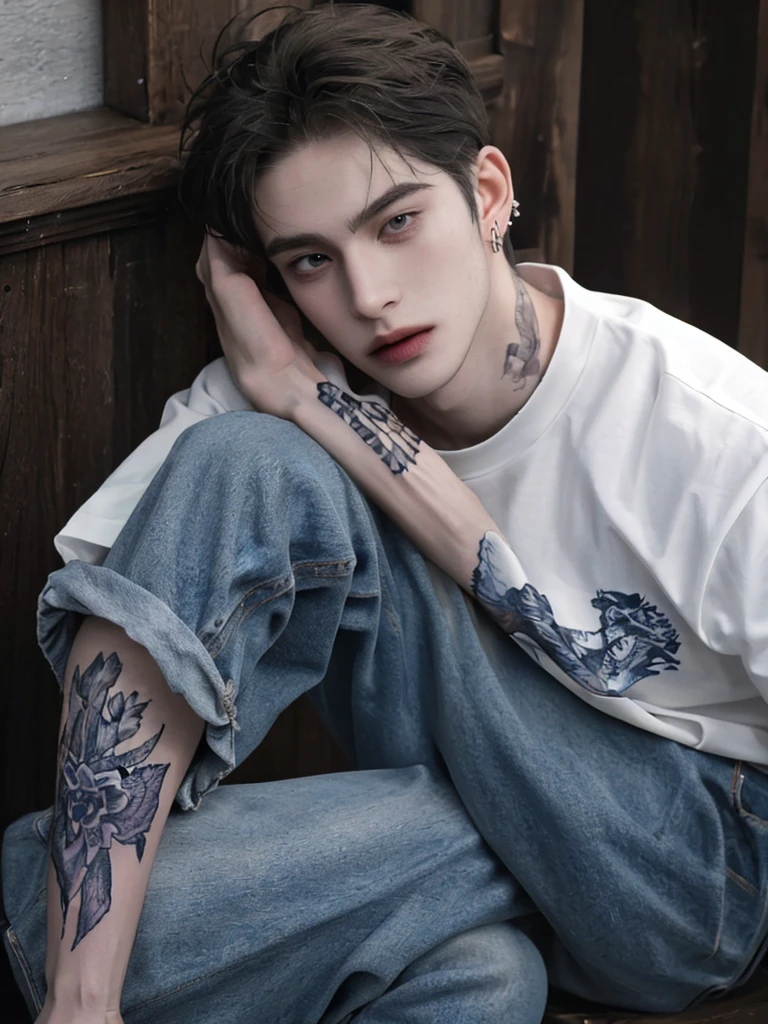 1boy, portrait, earrings, solo, lips, male focus, blue eyes, looking at the audience, light white short hair, full body, wearing a T-shirt and jeans, with a tattoo on the arms, slender legs.