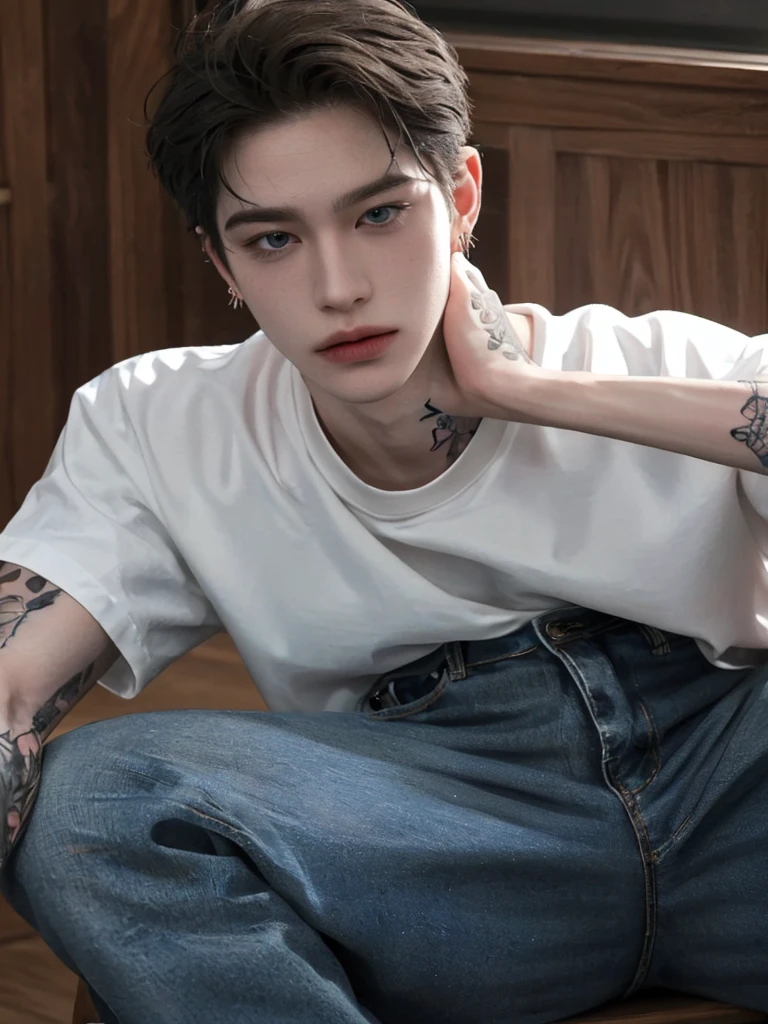 1boy, portrait, earrings, solo, lips, male focus, blue eyes, looking at the audience, light white short hair, full body, wearing a T-shirt and jeans, with a tattoo on the arms, slender legs.