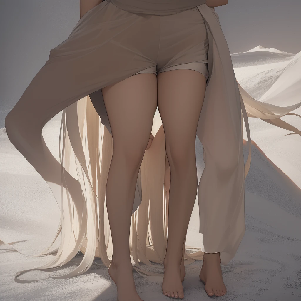 A man with long white hair, wearing a white t-shirt and black pants and a woman with long blond hair, beautiful breasts, wearing just shorts and a white crop top. They are supporting each other to fall to the ground. The environment around them is covered in snow. It's night. ((anime styling))