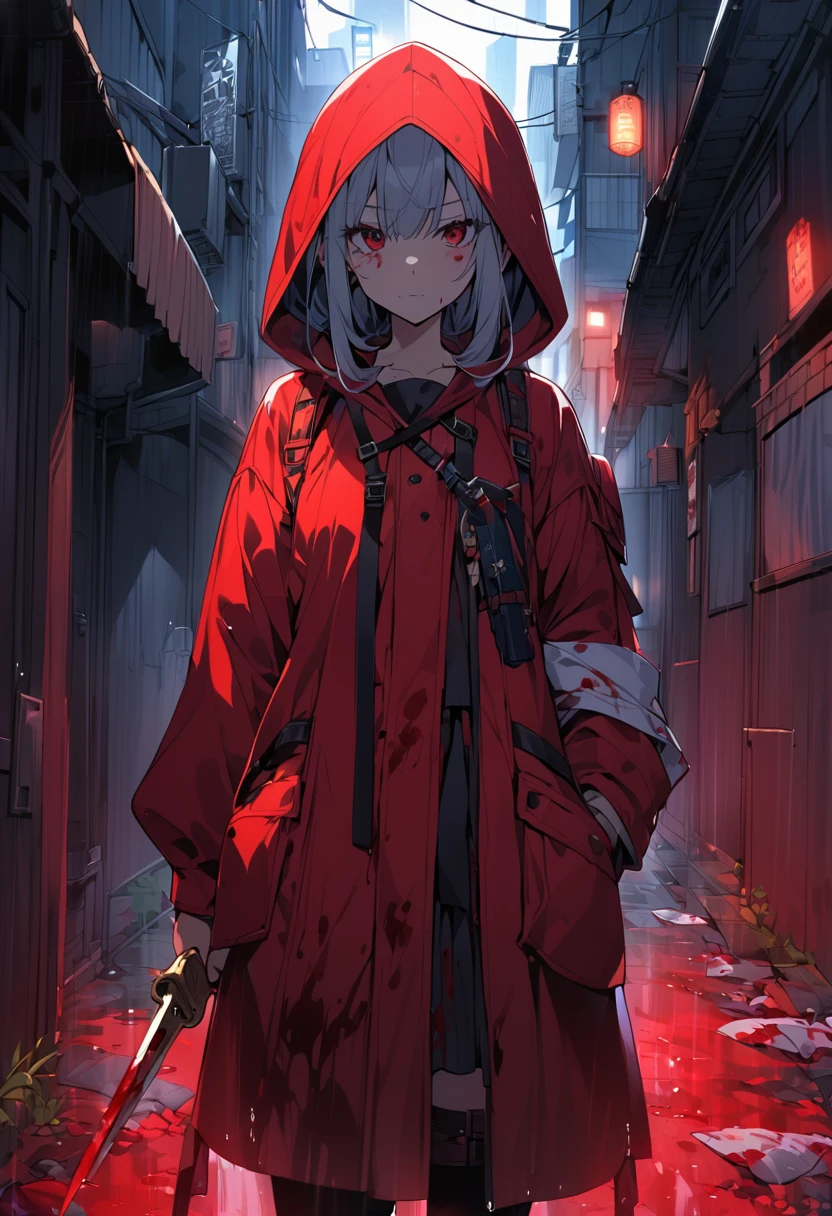 Japanese girl Wear a red long hooded coat Hand holding a dagger rain Back alley at night Get covered in blood