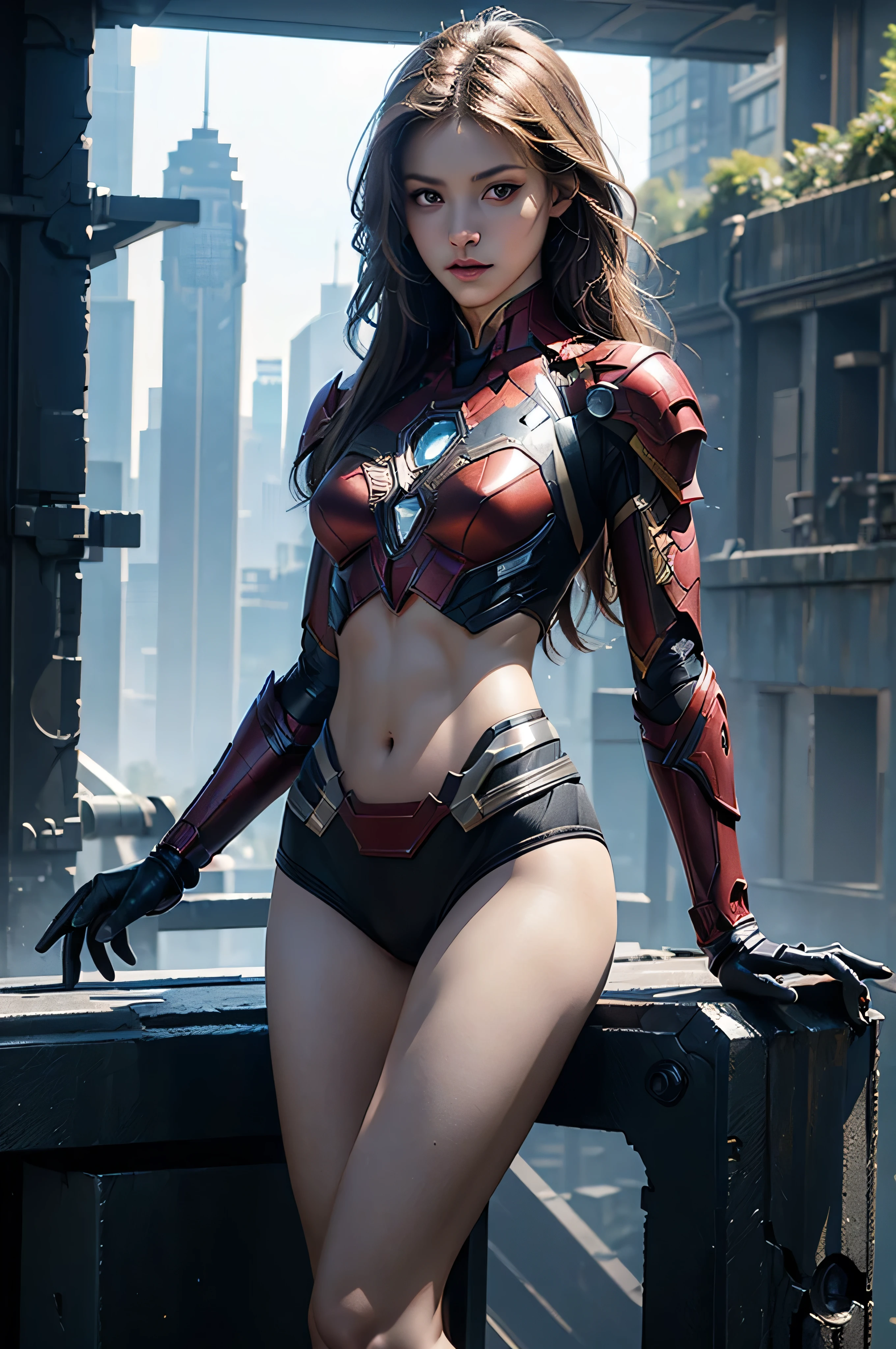 ((masterpiece, 8K, 3D, Realistic, Super Detail)), (1girl:1.3), slender 16 age, Ultra Micro photography, Melissa Benoist Super realistic, Perfect face, 16K resolution, 4k resolution, The photo was taken from the Front, facing to the photographer, Foreground photo, dynamic lighting, posing on a pedestal, high-definition resolution, Beautiful features, ((Perfect female Model Slim body)) Beautiful features, Standing pose, ((small hip)), (((2 piece Hotpants-Bikini))), Sci-fi futuristic, ((Iron man armor)) ((bionic Fragmented Super Girl chest armor suit)), ((Exposed slim thighs)), wear mesh metal-stockings, ((slim thighs)), ((bionic Slim thighs Spider man armor)), Front Full body Shot, full body portrait, perfect legs, Iron Man shoes, futuristic city background
