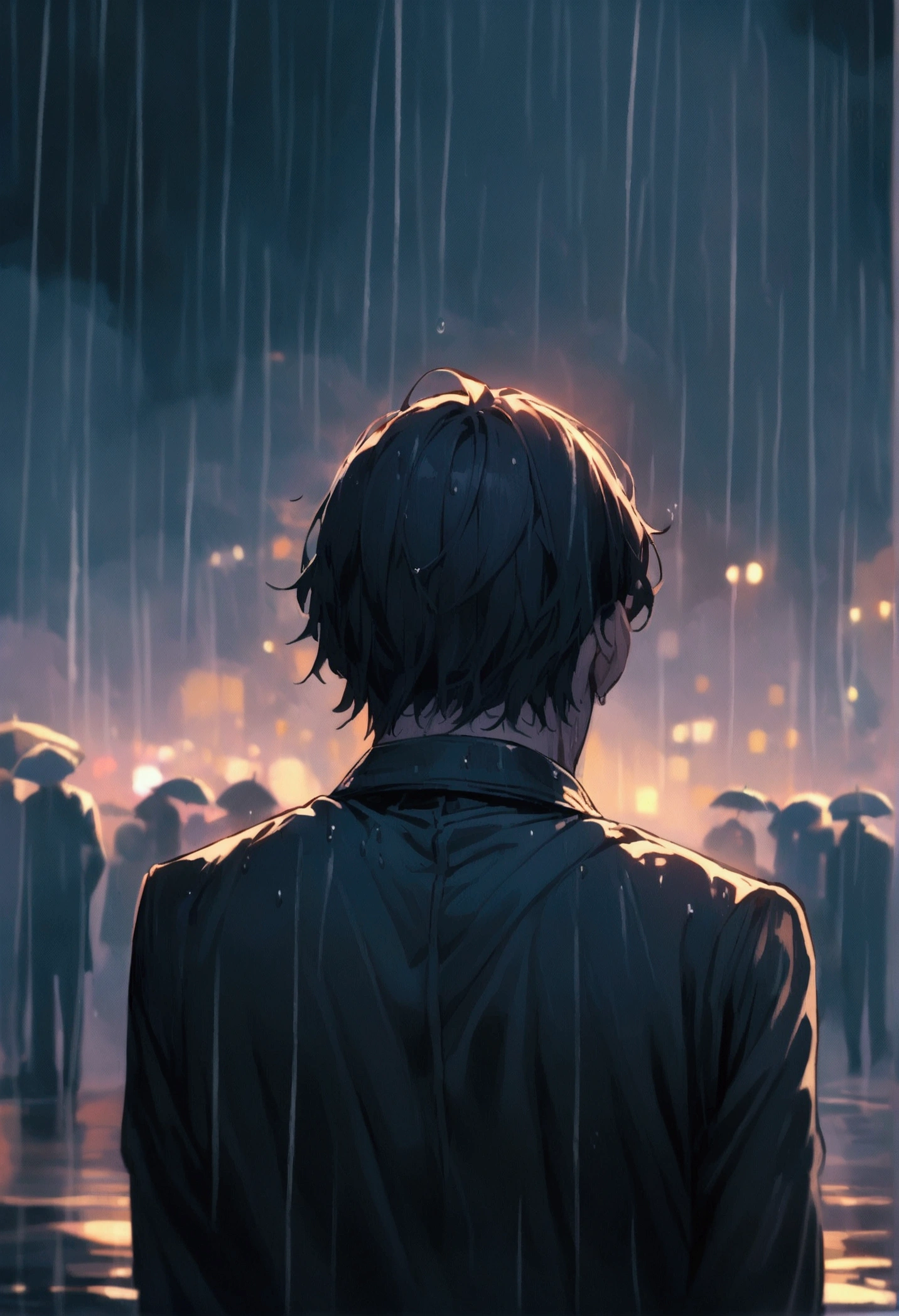 Sad man in the rain from behind