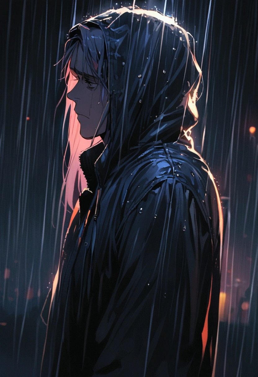 Sad man in the rain from behind