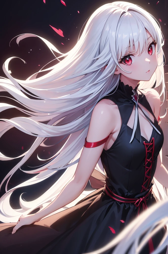 (masterpiece:1.3), (best quality:1.1), (8k, ultra detailed, ultra high res:1.2), ((anime style)), perfect 5 fingers, perfect anatomy,
1girl,
BREAK long hair, (white hair:1.2),
red eyes, dress, the dress she wears is Lamé,
(looking up:1.2), shoot from side,
upper body,
standing,
black background,