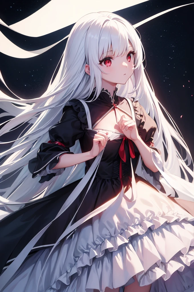 (masterpiece:1.3), (best quality:1.1), (8k, ultra detailed, ultra high res:1.2), ((anime style)), perfect 5 fingers, perfect anatomy, 
1girl,
BREAK long hair, (white hair:1.2), 
red eyes, dress,  the dress she wears is Lamé, 
(looking up:1.2), shoot from side, 
upper body, 
standing, 
black background, 