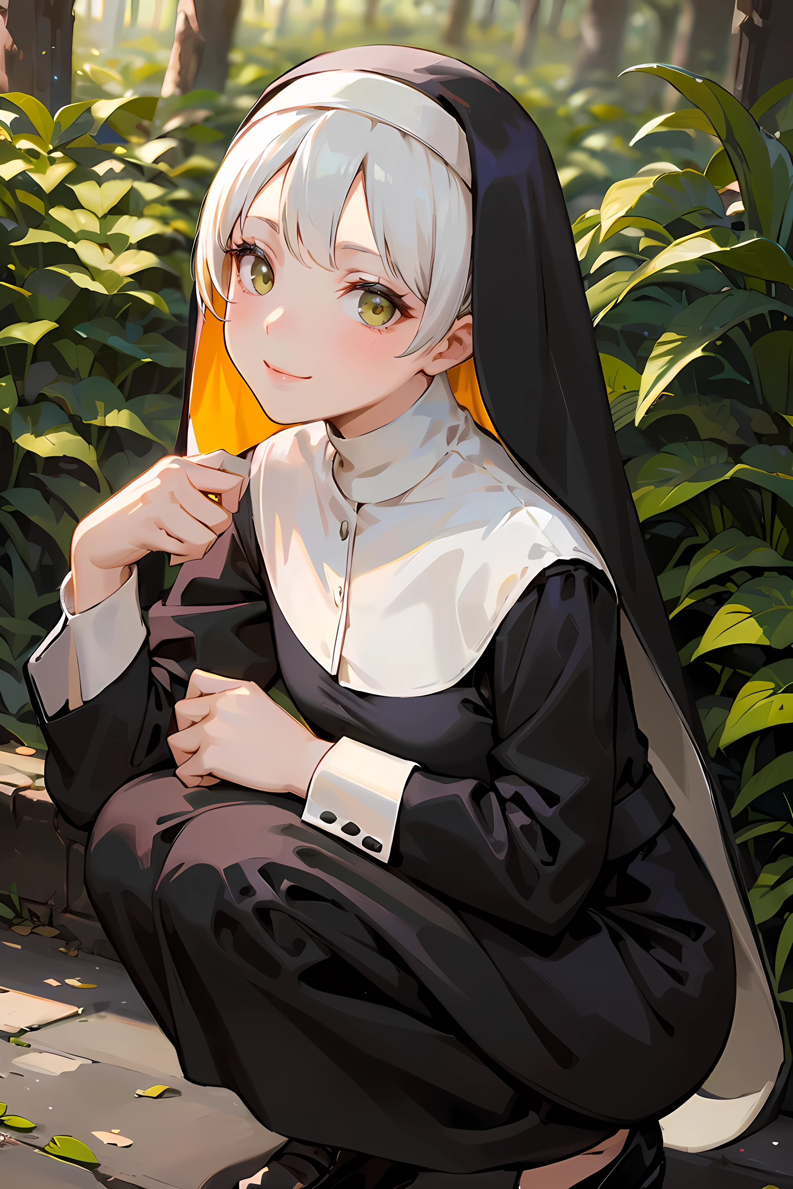 masterpiece, best quality, highly detailed background, perfect lighting, best quality, (extremely detailed face), volumetric lighting, intricate details, shadow, tonemapping, sharp focus, hyper detailed, trending on Artstation, (solo), ((Looking at the viewer)), (White hair), ((thin)), ((green eyes)), ((nun)), ((dressed as a nun)), ((nun's long skirt)), ((delicate)), ((thin and fine figure)), ((elegant)), ((smile)), (blush) ((in the forest)) ((squatting))