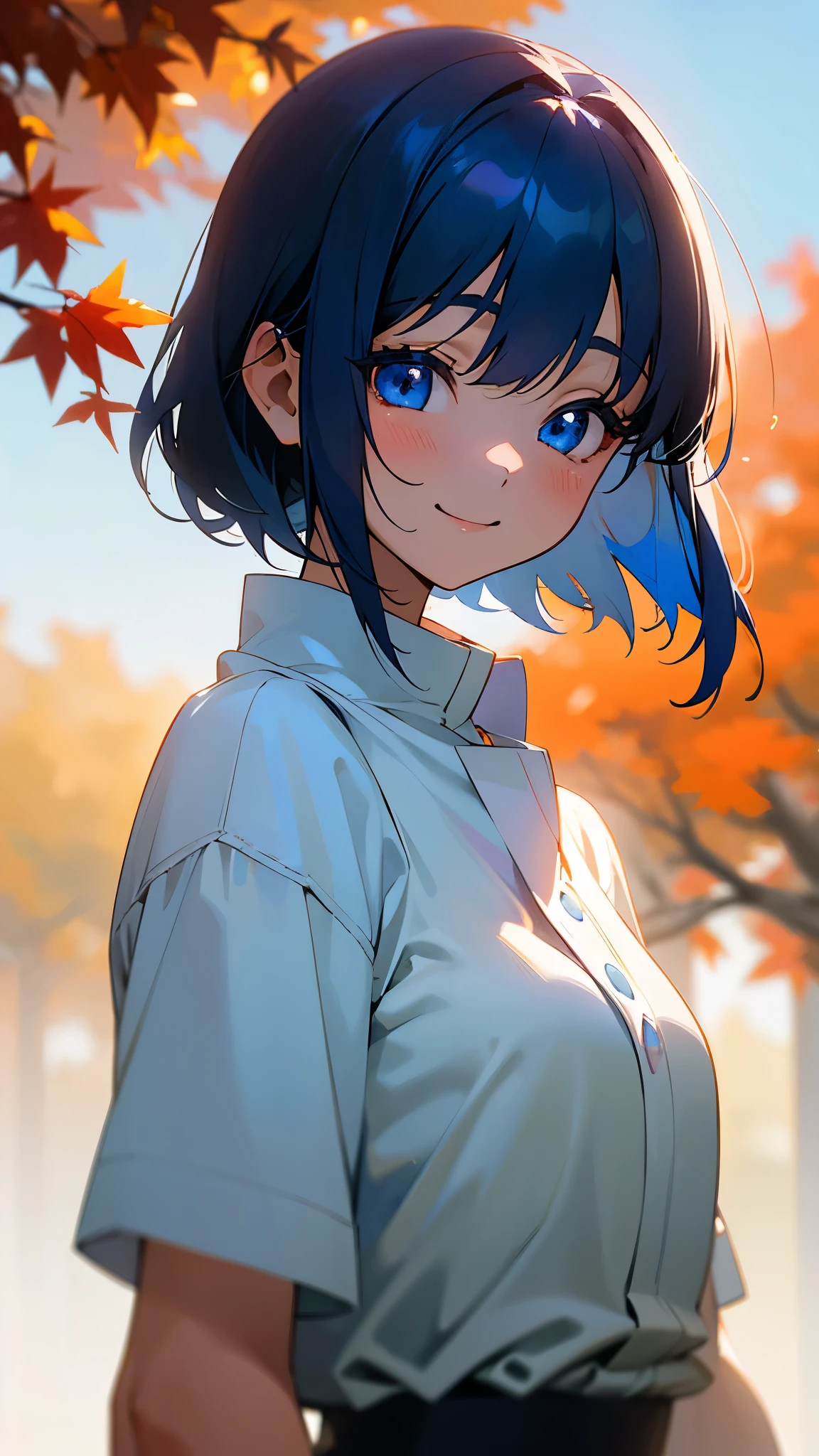 1 Girl、Anime style painting、Upper body close-up、From the side、邪悪なsmile、Dark blue hair、Sparkling blue eyes、smile、White shirt、Light blue apron、Perfect lighting、Autumnal leaves々、Momiji Park、Background Blur, Written boundary depth