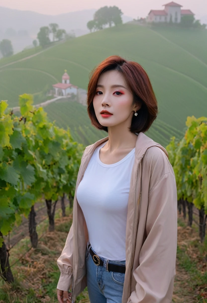beautiful scenery, 8K Top Quality, Vivid picture quality, 1 woman, Beautiful 46-year-old Korean woman, slight wrinkles around the eyes, Chest size 34 inches, Model-level beautiful woman, italian countryside dawn, vineyard, The cathedral can be seen in the distance in a thick fog.. Red sunshine, The background is realistic and vivid quality.., short medium bob hair, Beige t-shirt that goes up to the neck, Luxury brand windbreaker jacket, Except red, Perfect and realistic photos, The background is realistic.. Except for the red costume. Full body shot with Canon camera 16-35 wide angle lens, expressionless, Climbing a hill covered in thick fog, walking towards the front camera