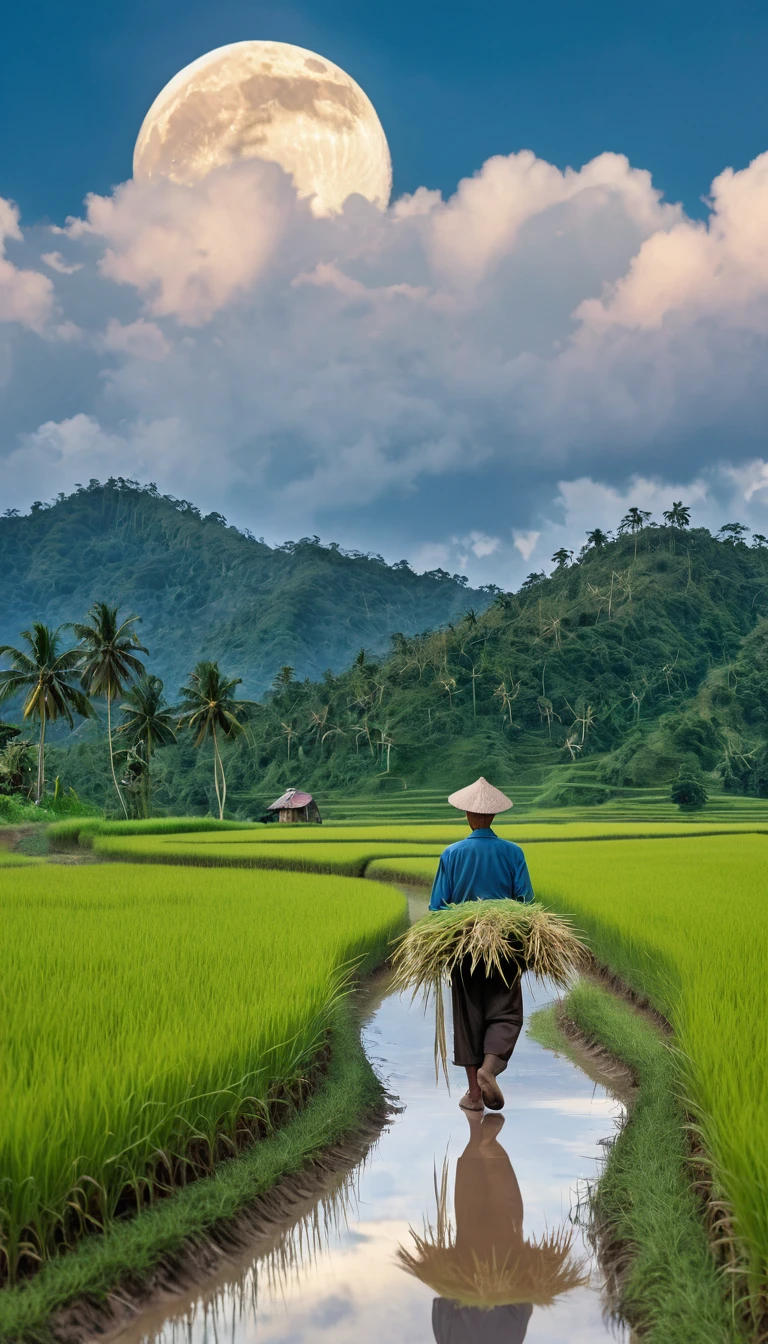 Old farmer carrying flatbed cargo, walking along winding path in Rural, Big Moon, Jupiter reflection, Big Cloud, Blue sky, paddy, Neat rice seedlings in the field, forest, hillside, secluded, Rural, High-resolution details, Ultra Detail, , Surrealism, Soft Light, Deep field focus bokeh, Ray Tracing, Surrealism.